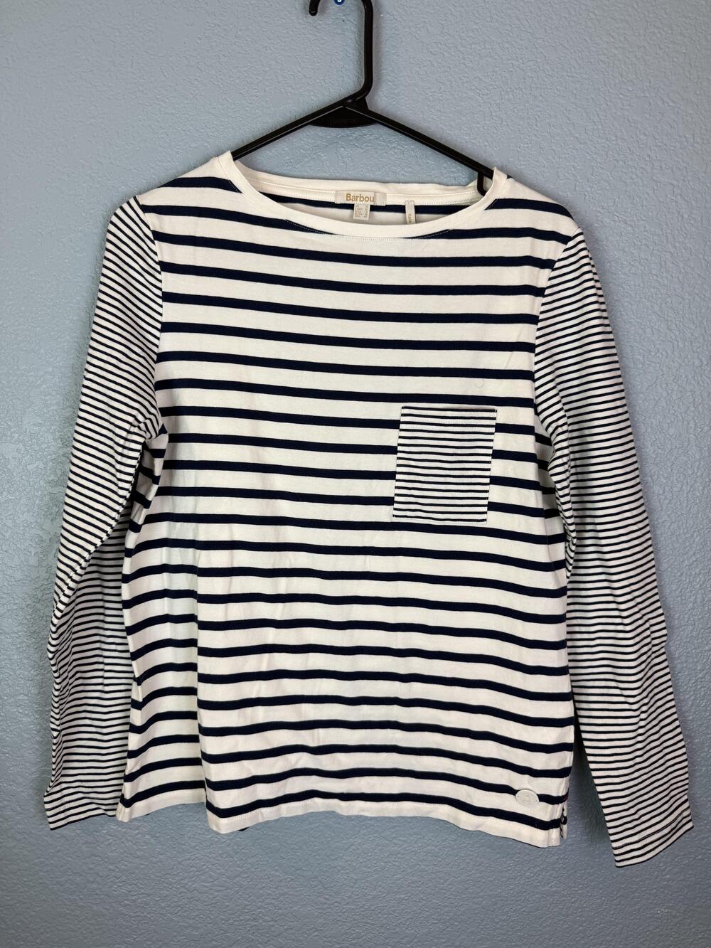 Barbour Barnacle Top Shirt Womens Size 6 Navy White Stripe Long Sleeve Nautical